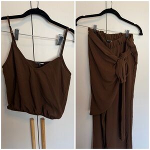 Fashion Nova Brown Cropped Spaghetti Strap Tank Top & Pants Set